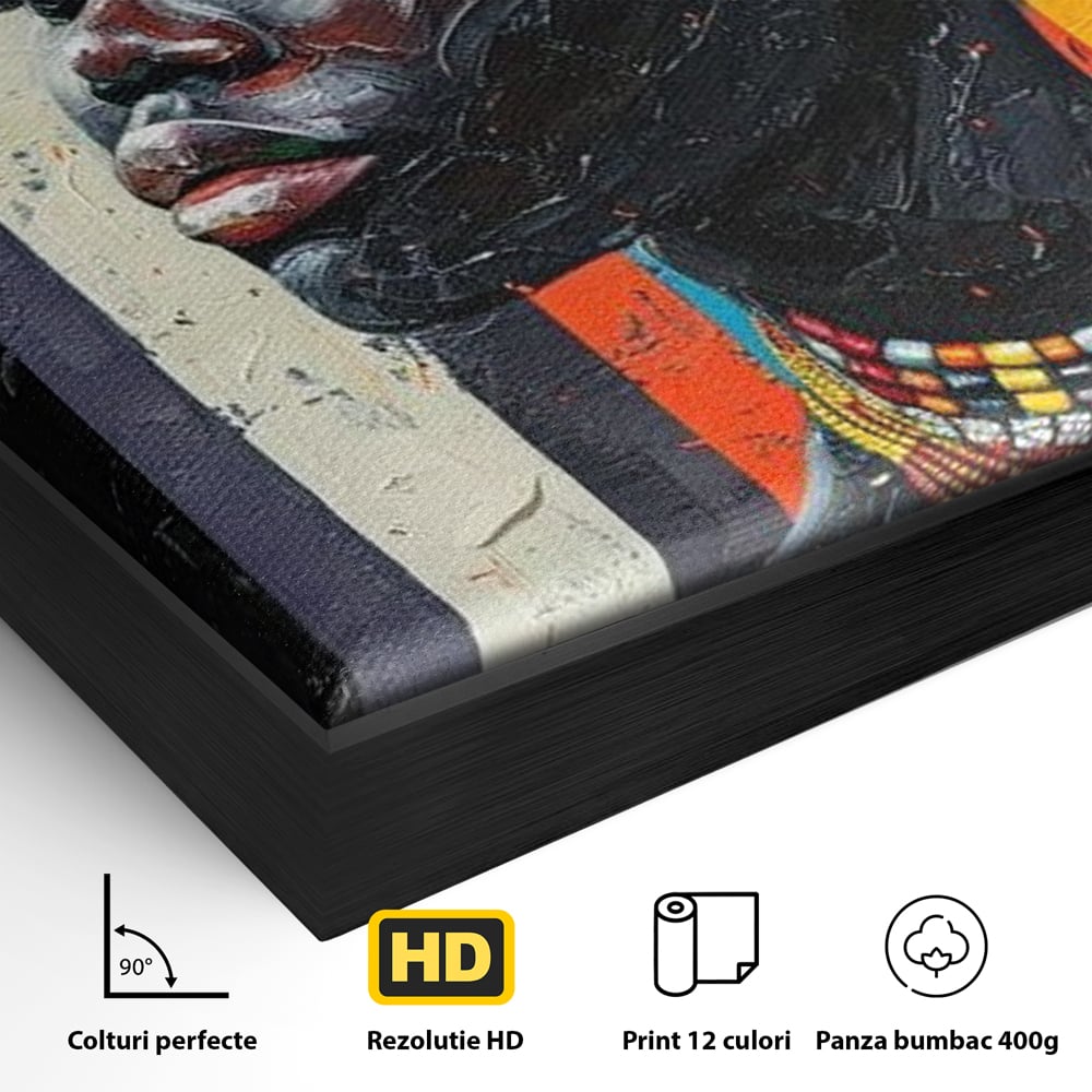 Detaliu al suprafetei: tablou canvas cu profil de femeie, in rama de aluminiu negru